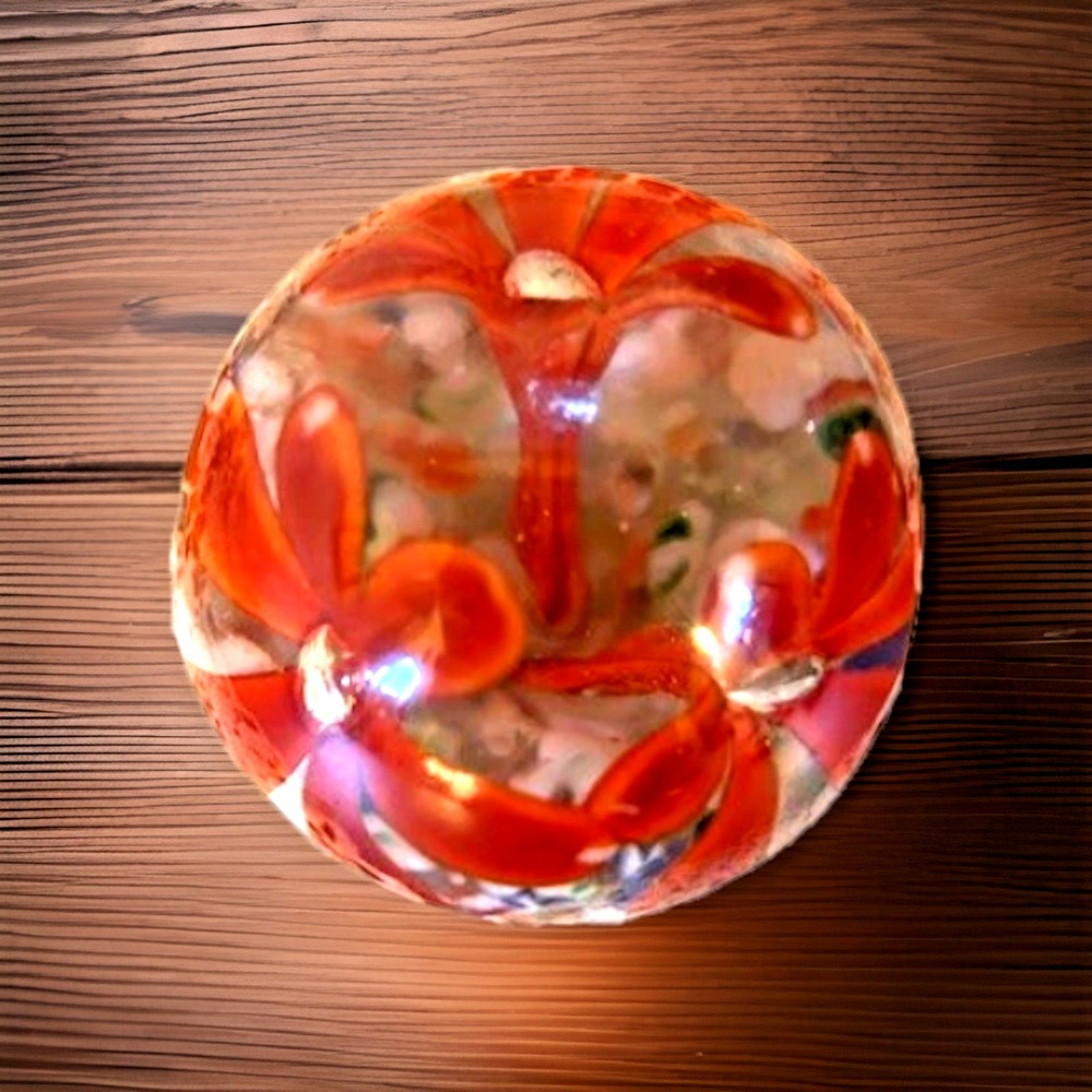 Vintage 3" Dome/Egg Shape Art Glass Paperweight Red Flowers On Multi Color Base